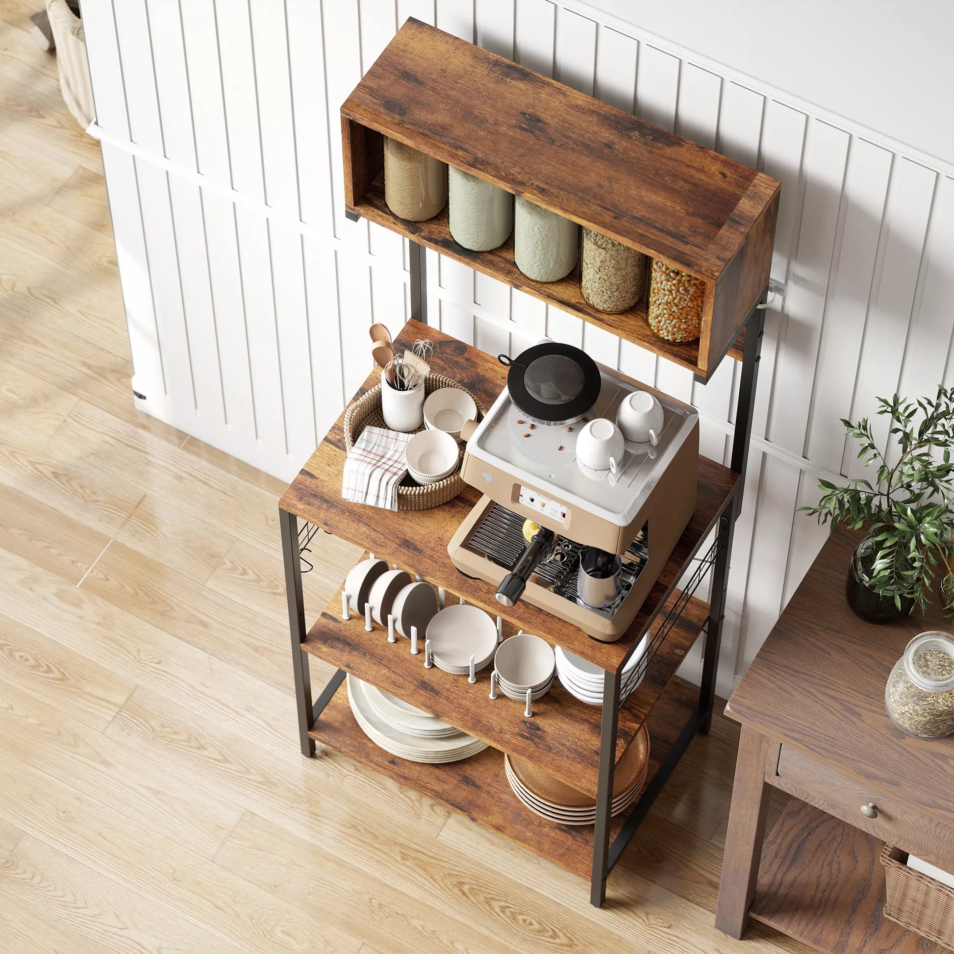 Virtuvės lentynos, stovas su 5 S formos kabliais, 5 lentynomis, rozete, pagamintas iš plieno, rusvos spalvos, 60 x 42 x 153 cm