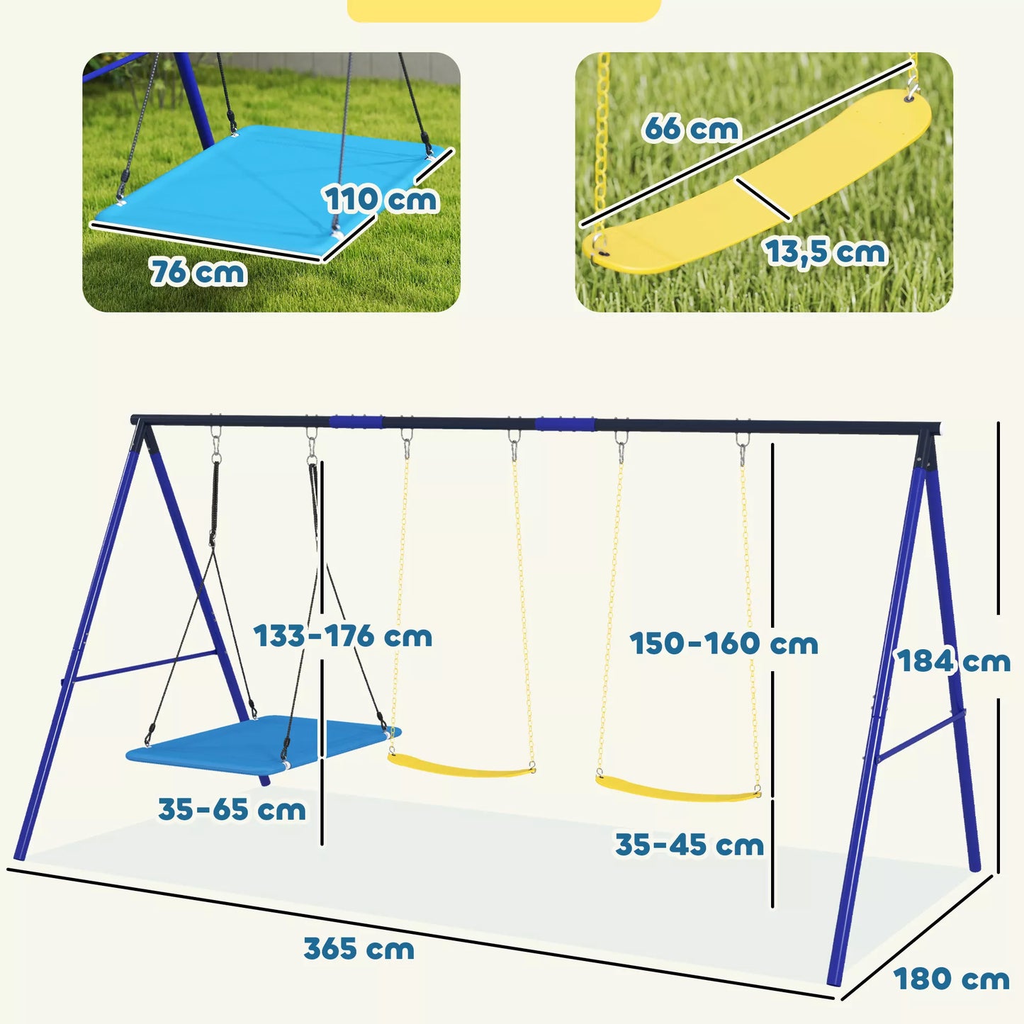 Sūpynių komplektas 3 vaikams, 120 kg keliamoji galia, lauko sūpynės, spalvingas
