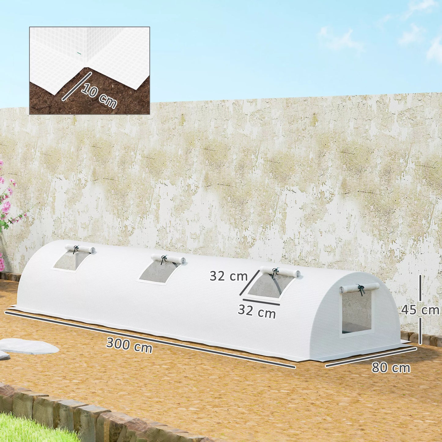 Plėvelės šiltnamis, mini tunelinis šiltnamis su tinkliniu langu, atsparus UV spinduliams, plastikinė plėvelė, 300 x 80 x 45 cm, baltas