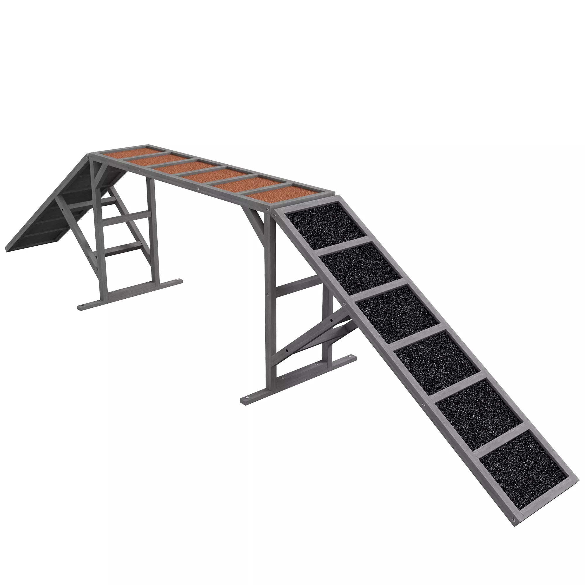 Šunų agility tiltelis su apsaugine sija, neslidžiu paviršiumi, atsparus oro sąlygoms, agility įrenginys iki 40 kg, 335x55x60 cm, pilkos spalvos