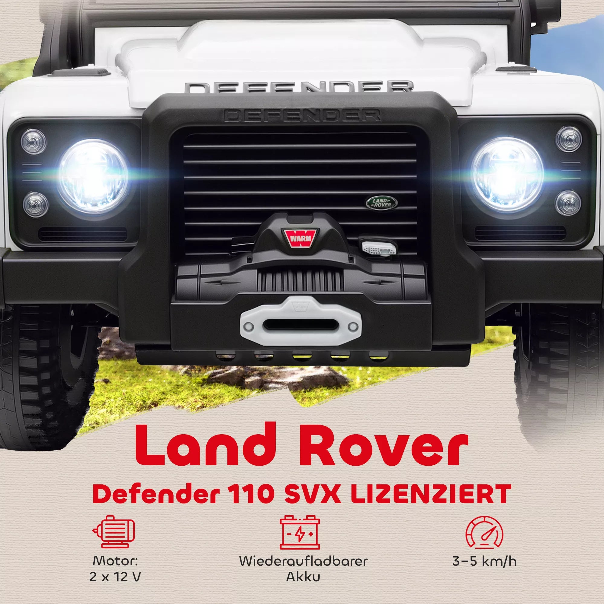 Balto Land Rover Defender elektromobilio priekis su LED žibintais ir Land Rover emblema