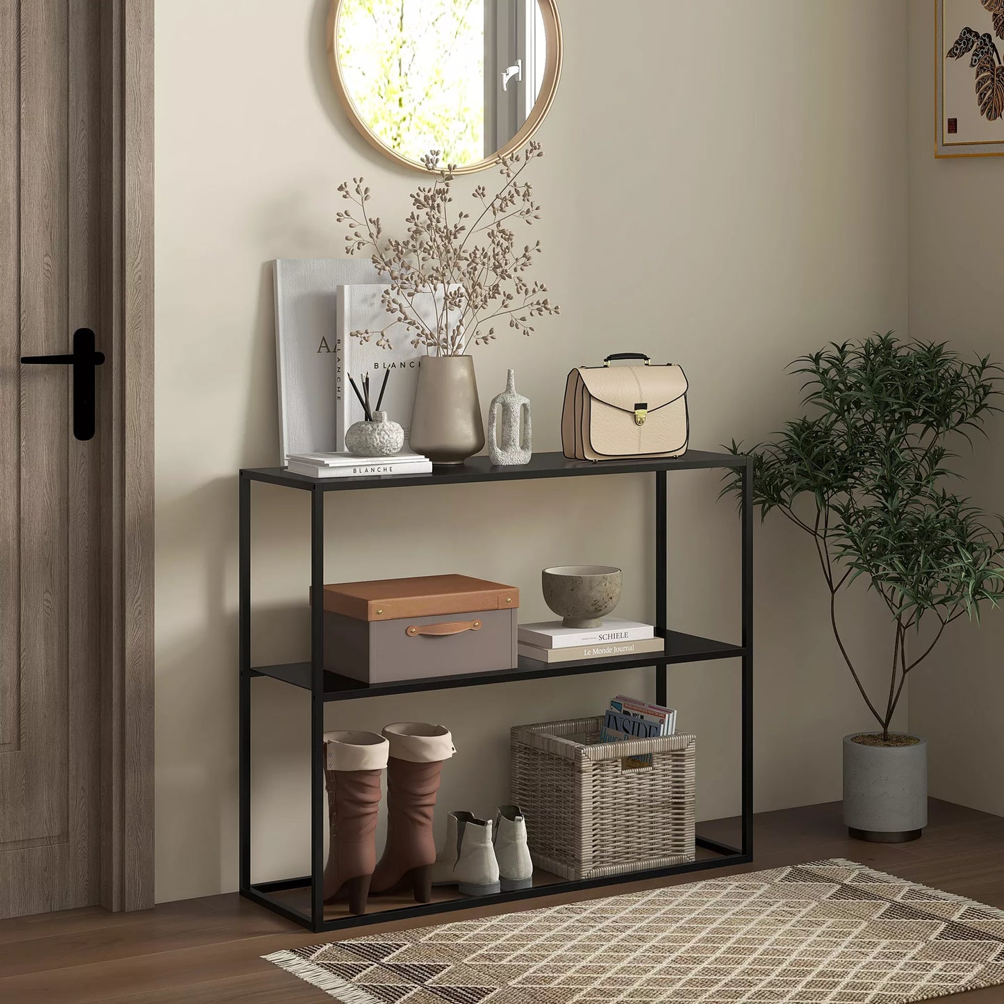 Konsolinis staliukas, komoda, 2 lentynos, milteliniu būdu dengtas plienas, 90 x 30 x 75cm, juodas