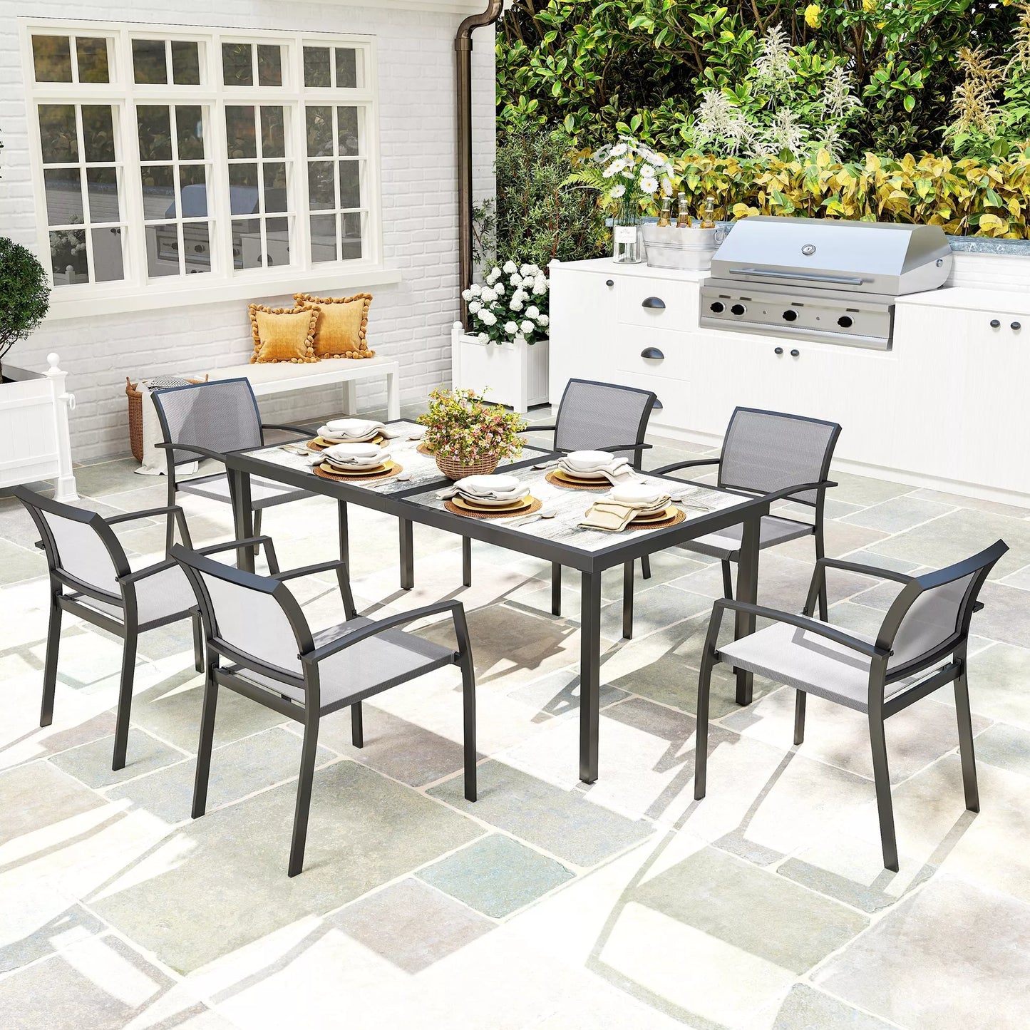 7 dalių valgomojo komplektas: 6 kėdės, 1 stalas, sudedamas, lengvai valomas, plieno rėmas, lauko baldų komplektas, pilkas