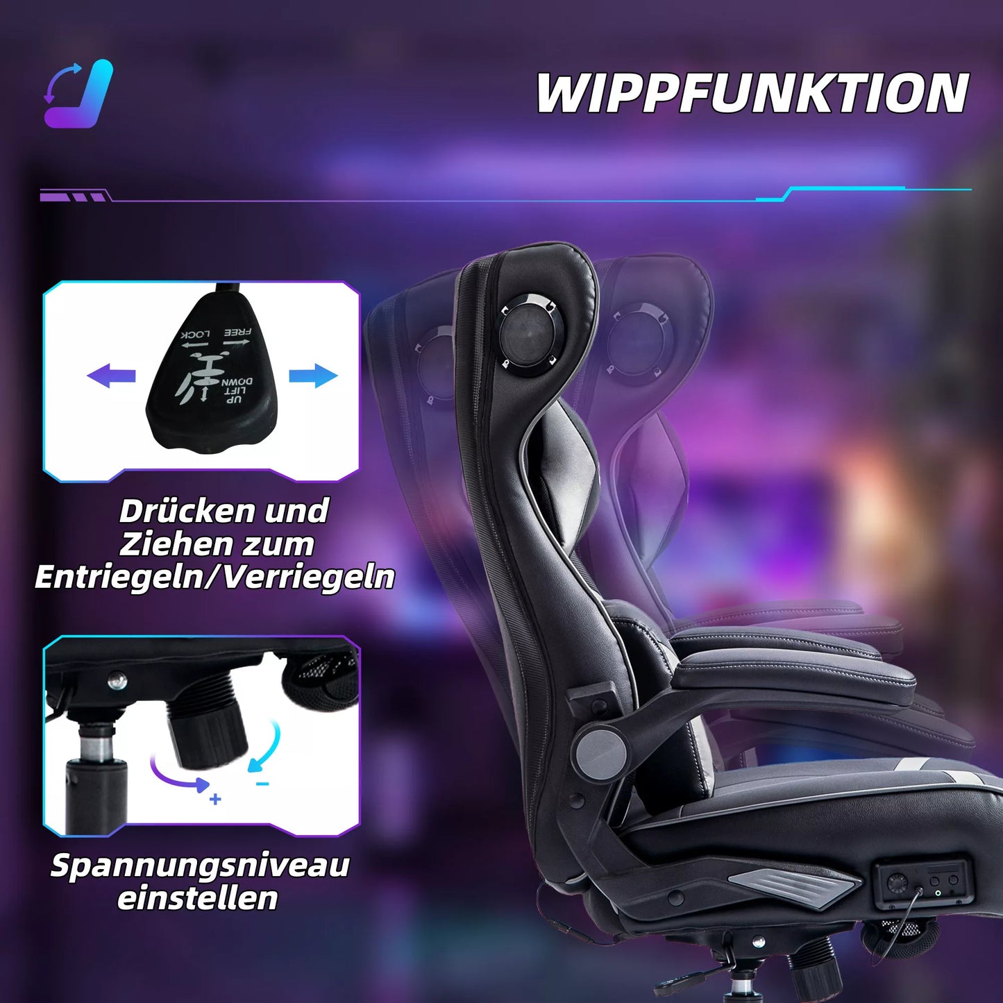 Žaidimų kėdė su supimosi funkcija ir garsiakalbiu, juosmens ir kaklo atrama, žaidimų kambariui, dirbtinė oda, pilka + juoda