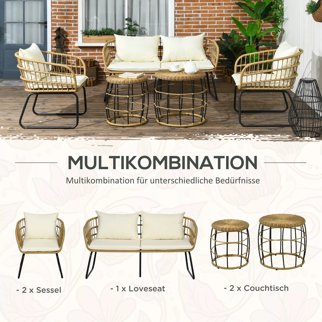 Rattanų sėdimoji grupė Lauko sėdimoji grupė, boho stiliaus, 5 dalių rinkinys, 145 x 70 x 78 cm, kreminė + natūrali + juoda