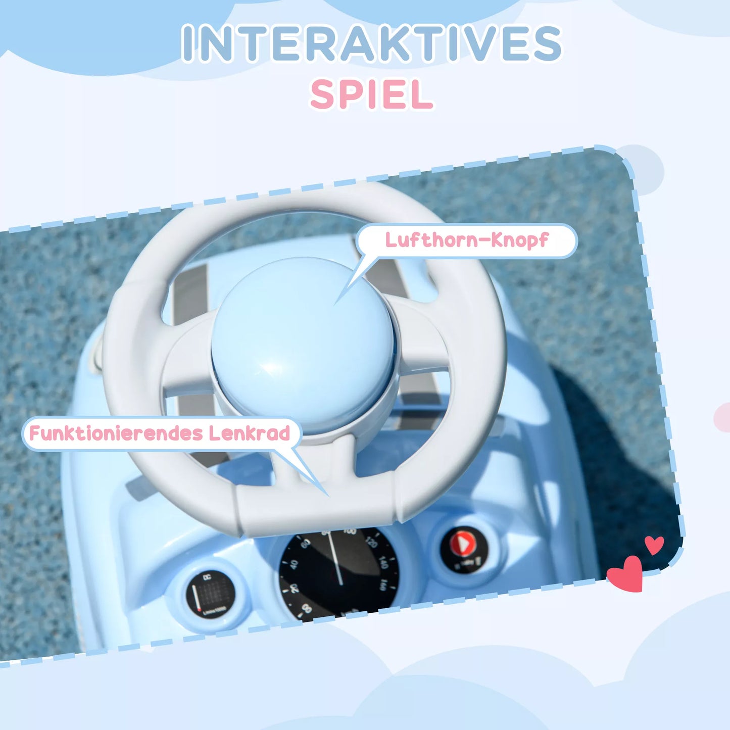 Vaikiškas paspiriamasis automobilis, apsauga nuo apsivertimo, atlošas, signalizatorius, neslystanti sėdynė, šviesiai mėlynas