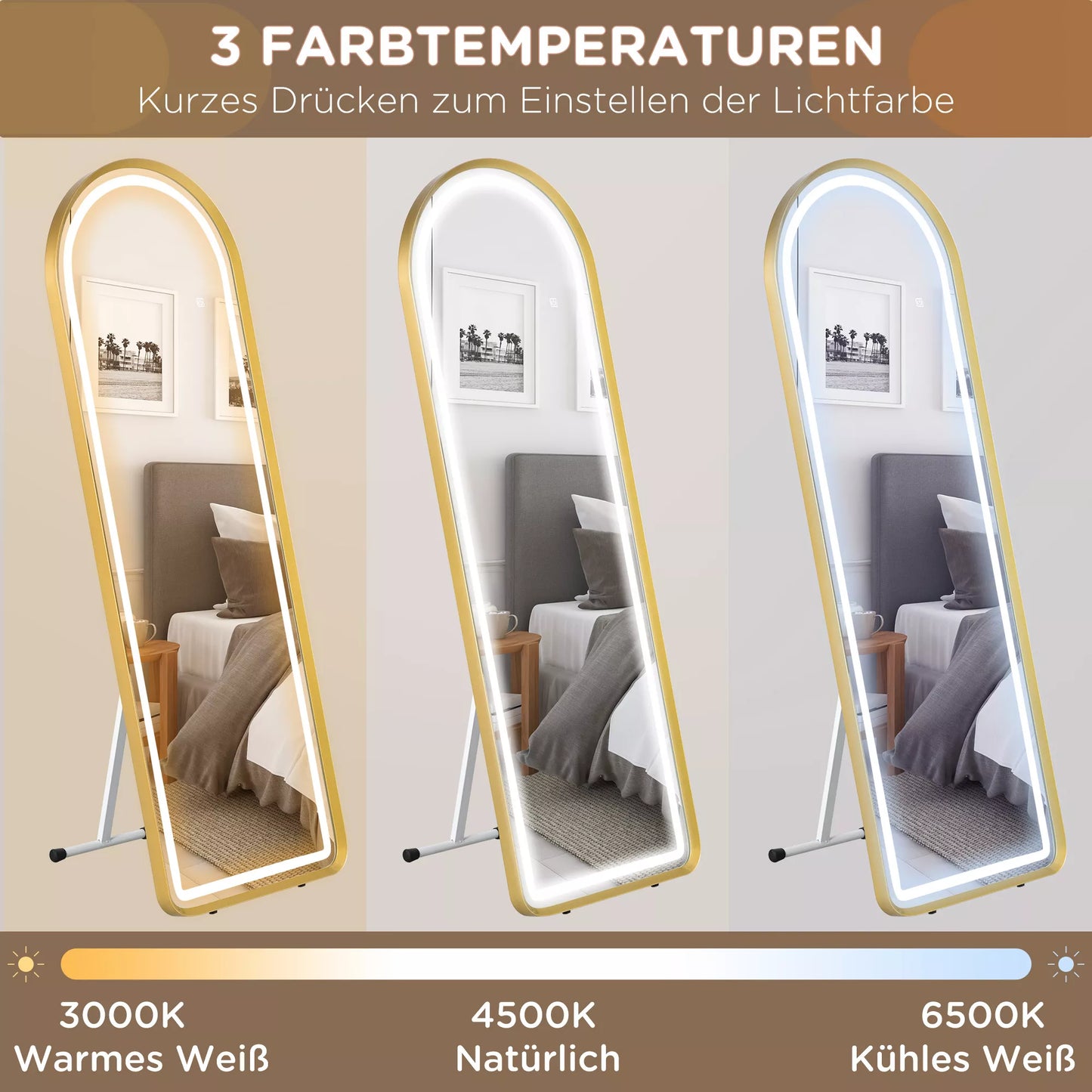 Pastomas veidrodis, sieninis veidrodis, pilno dydžio veidrodis su sieniniu tvirtinimu, 151,5 x 50 x 4 cm, auksas