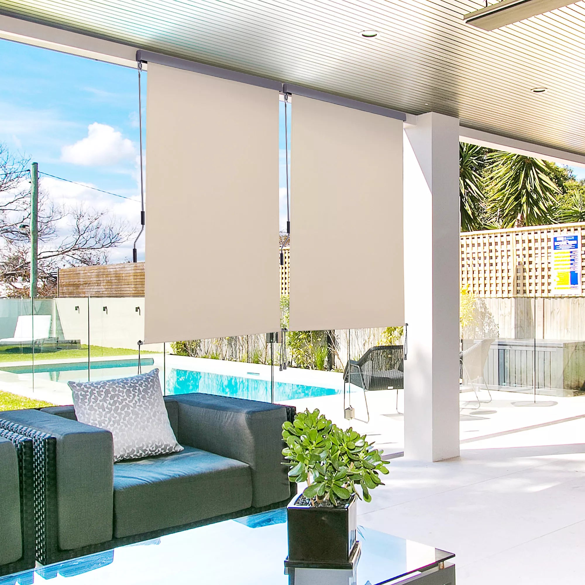 Vertikalios markizės, balkono markizės, vertikalios markizės, vėjo apsauga, šoninės užuolaidos, privatumo užuolaidos su rankine svirtimi, poliesterio audinys + aliuminis, kreminė balta spalva, 200 x 120 cm