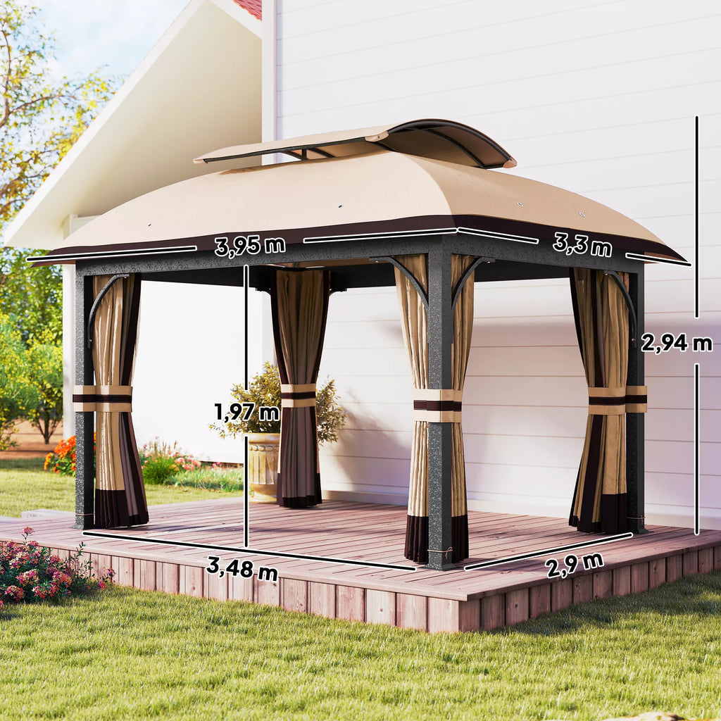 Sodo paviljonas, 3,3 x 4 m Sodo palapinė su tinklinėmis užuolaidomis, dviejų pakopų stogas, dirbtinės odos danga, metalinis rėmas, chaki spalvos