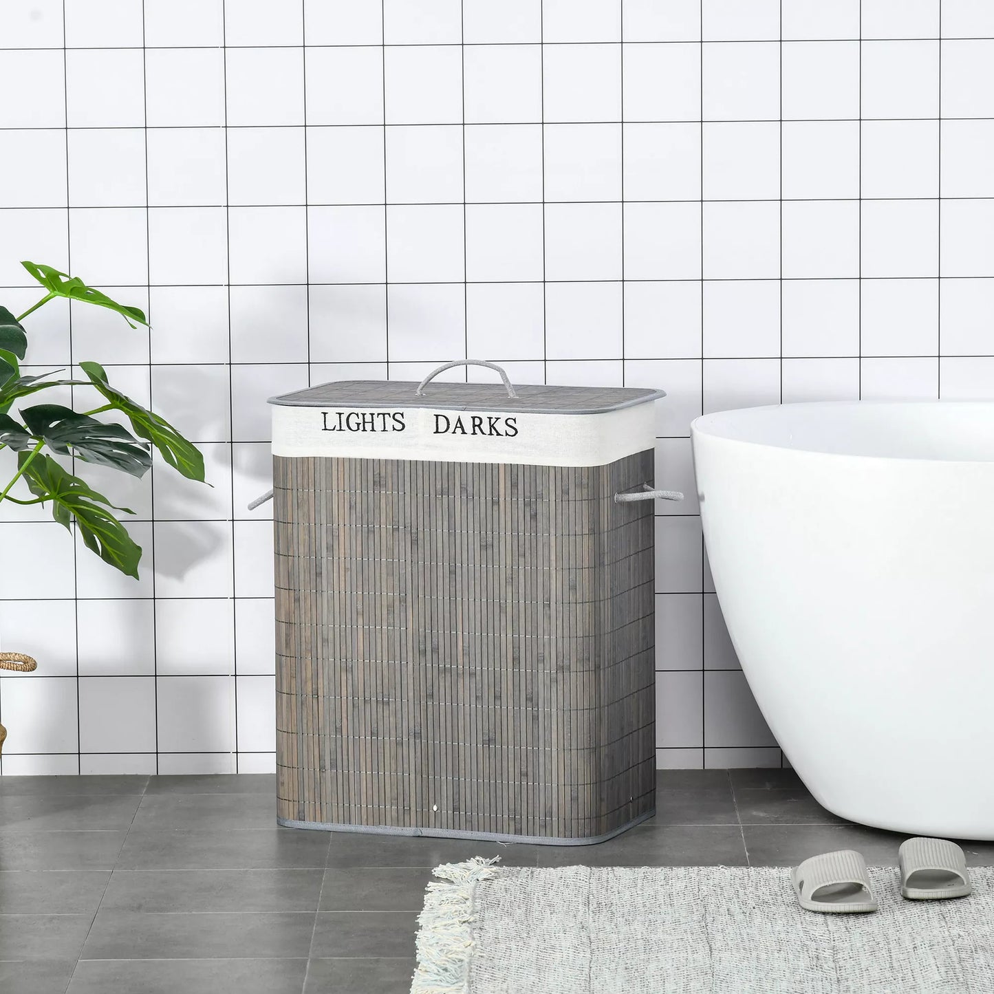 100L skalbinių krepšys su 3 rankenomis, su skalbiamu maišeliu, Bambukas, poliesteris, medvilnė, metalas, 52 x 32 x 63 cm, Pilkas