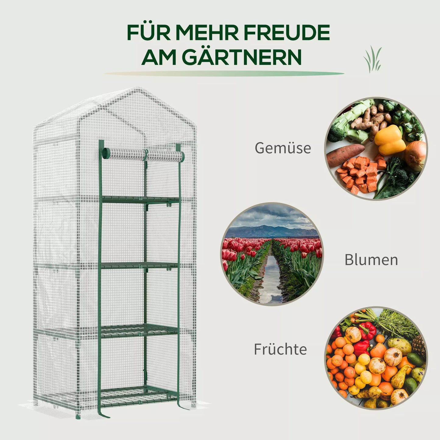 Folijos šiltnamis, mini šiltnamis, augalų namelis, daigykla, 4 lentynos, 70 x 50 x 160 cm, balta