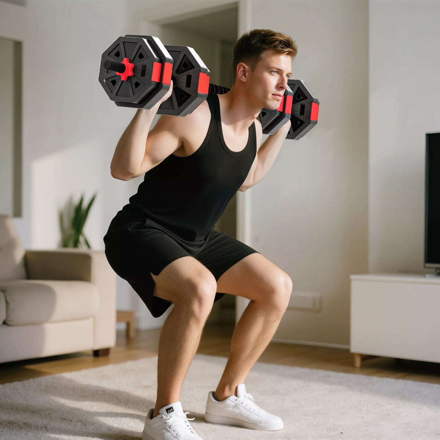 4-in-1 Hantelių Rinkinys (Trumpieji ir Ilgieji Hanteliai) Reguliuojamas 15 KG Namų Jėgos Treniruotėms