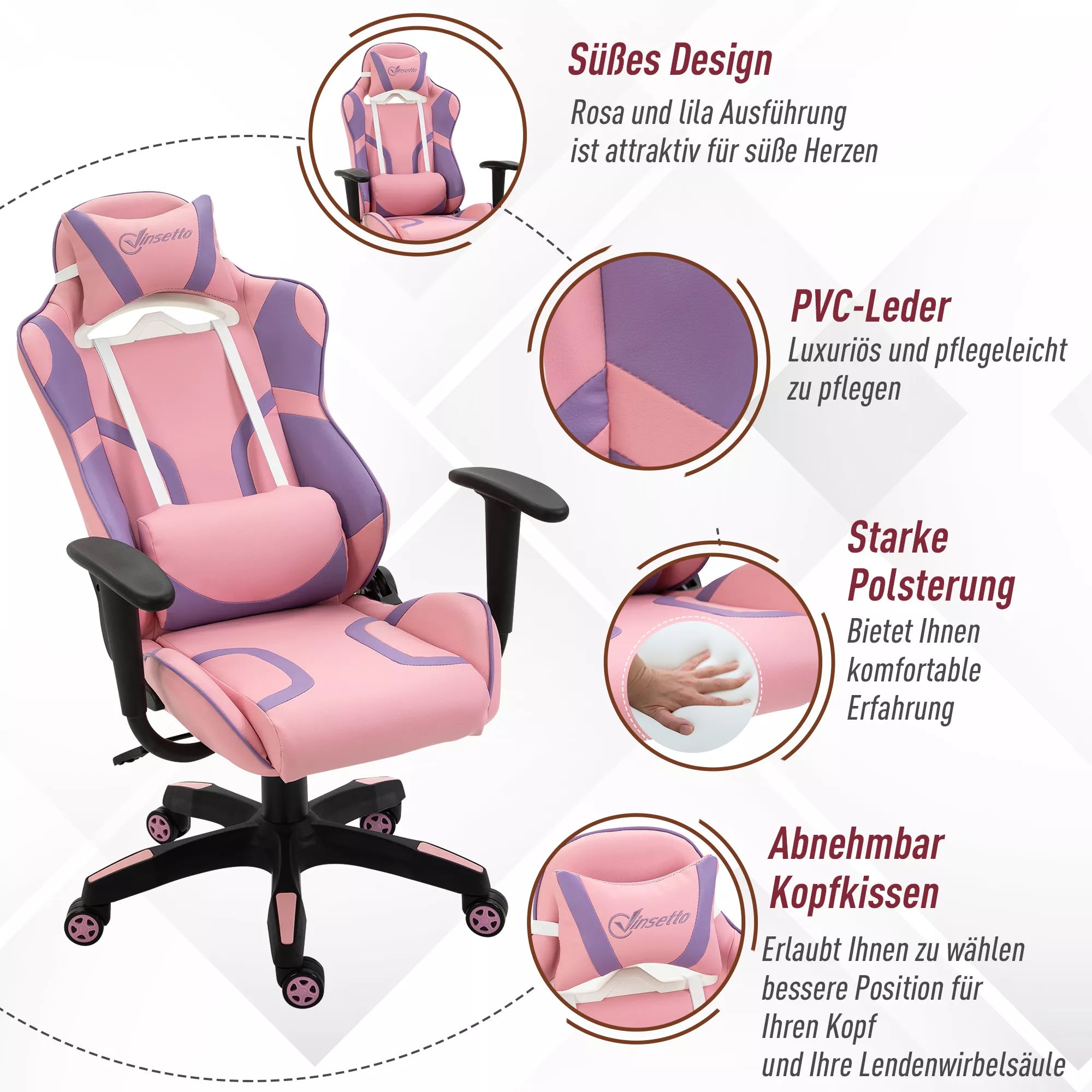 Ergonomiška žaidimų kėdė, biuro kėdė, sukamoji kėdė su reguliuojama masažine juosmens atrama, aukščio reguliavimo, rožinė ir violetinė, 69x56x125,5 cm