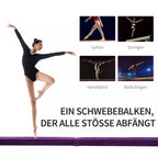 Gimnastė stovi ant violetinės balansinės lentos