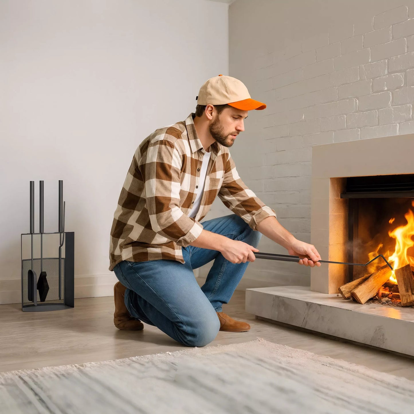 5 dalių židinio įrankių rinkinys, židinio priedai su šluota, kastuvu, pakūreliu, žnyplėmis, metalinis stovas, juodas