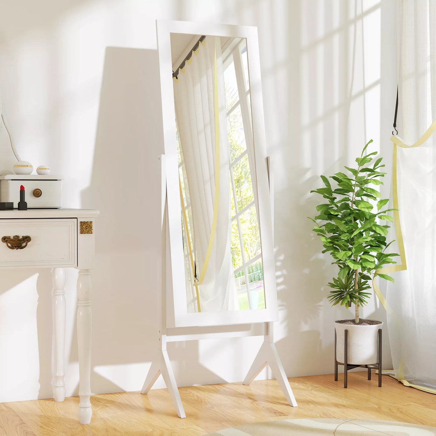 Pastatomas veidrodis Viso kūno veidrodis Veidrodis makiažui Pakeltos kojelės Lengvai prižiūrimas MDF Baltas 47 x 46 x 148 cm