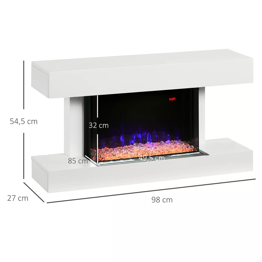 Elektrinis židinys, sieninis židinys su 2000 W šildymu, LED 3D liepsnos efektas, kristalai, 11 spalvų su 3 ryškumo lygiais, elektrinis židinys su nuotolinio valdymo pultu, laikmatis, sieninis montavimas, baltas