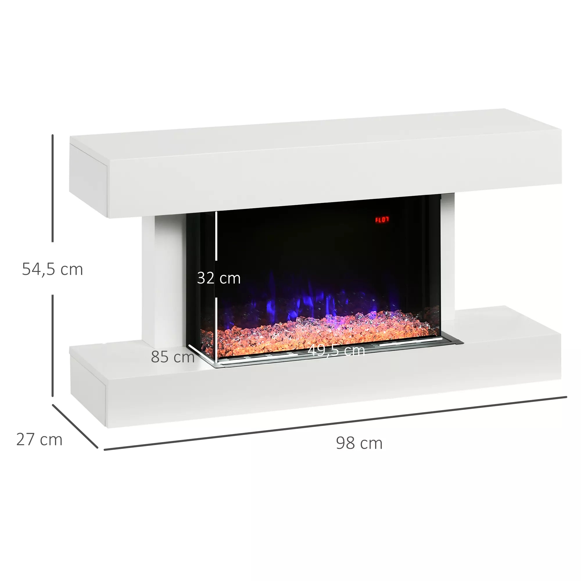 Elektrinis židinys, sieninis židinys su 2000 W šildymu, LED 3D liepsnos efektas, kristalai, 11 spalvų su 3 ryškumo lygiais, elektrinis židinys su nuotolinio valdymo pultu, laikmatis, sieninis montavimas, baltas