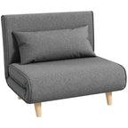 Pilka miegamoji sofa be porankių su ilga pagalvėle ir medinėmis kojomis