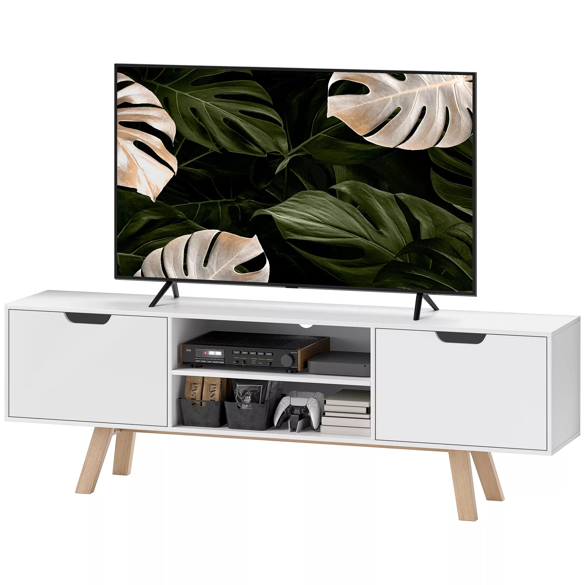 TV staliukas su stalčiais ir atviromis lentynomis, 150 cm, baltas