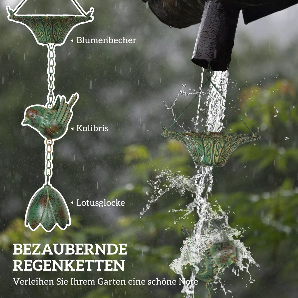 3 vnt. lietaus grandinės 123 cm metalinės lietaus grandinės su pritvirtintu kabliuku Paukščiai Bell Žalia