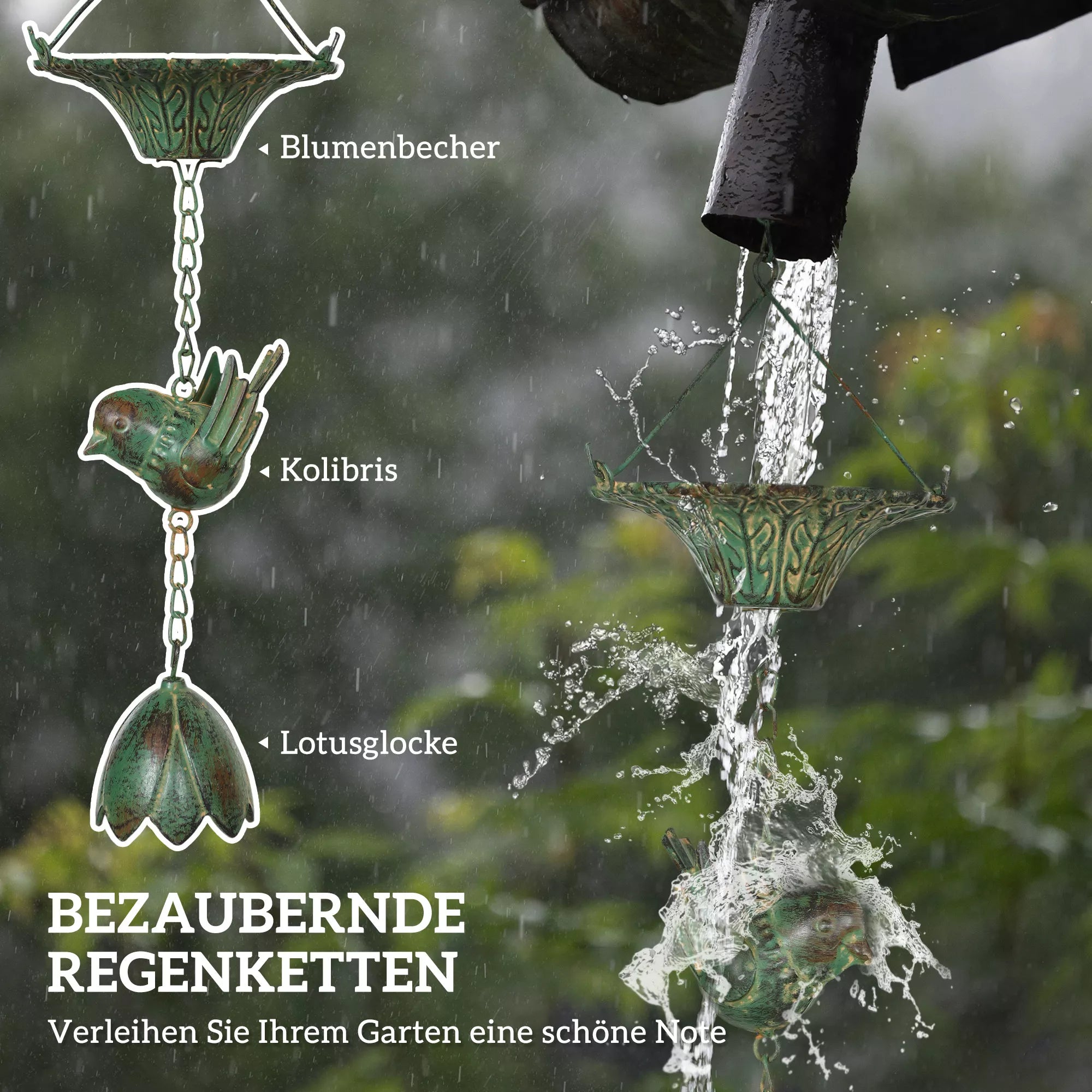 3 vnt. lietaus grandinės 123 cm metalinės lietaus grandinės su pritvirtintu kabliuku Paukščiai Bell Žalia