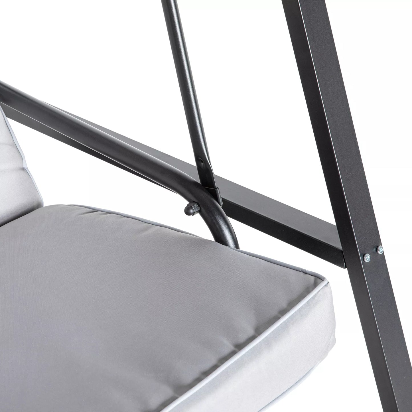 Holivudo sūpynės, 2 vietos sodo sūpynės su reguliuojamu stogu, atlaiko iki 220 kg svorį, 145 x 116 x 172 cm, pilkos spalvos