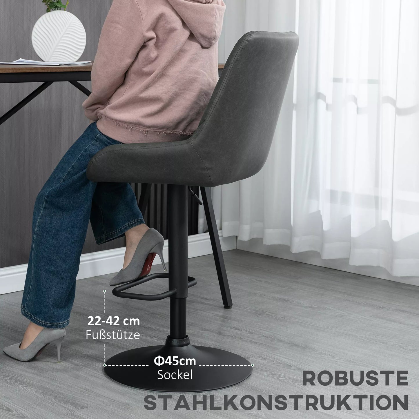 Baro taburetė, virtuvės taburetė, dizaino taburetė, aukščio reguliavimo, su atrama kojoms, 51 cm x 59 cm x 117 cm, Tamsiai pilka + juoda