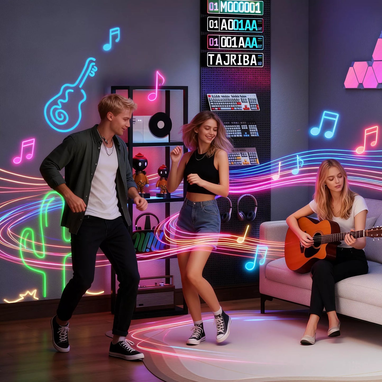 RGB stovas su stiklinėmis lentynomis, 4 lygių LED stovas su nuotolinio valdymo pultu, muzikos sinchronizavimas, juodas