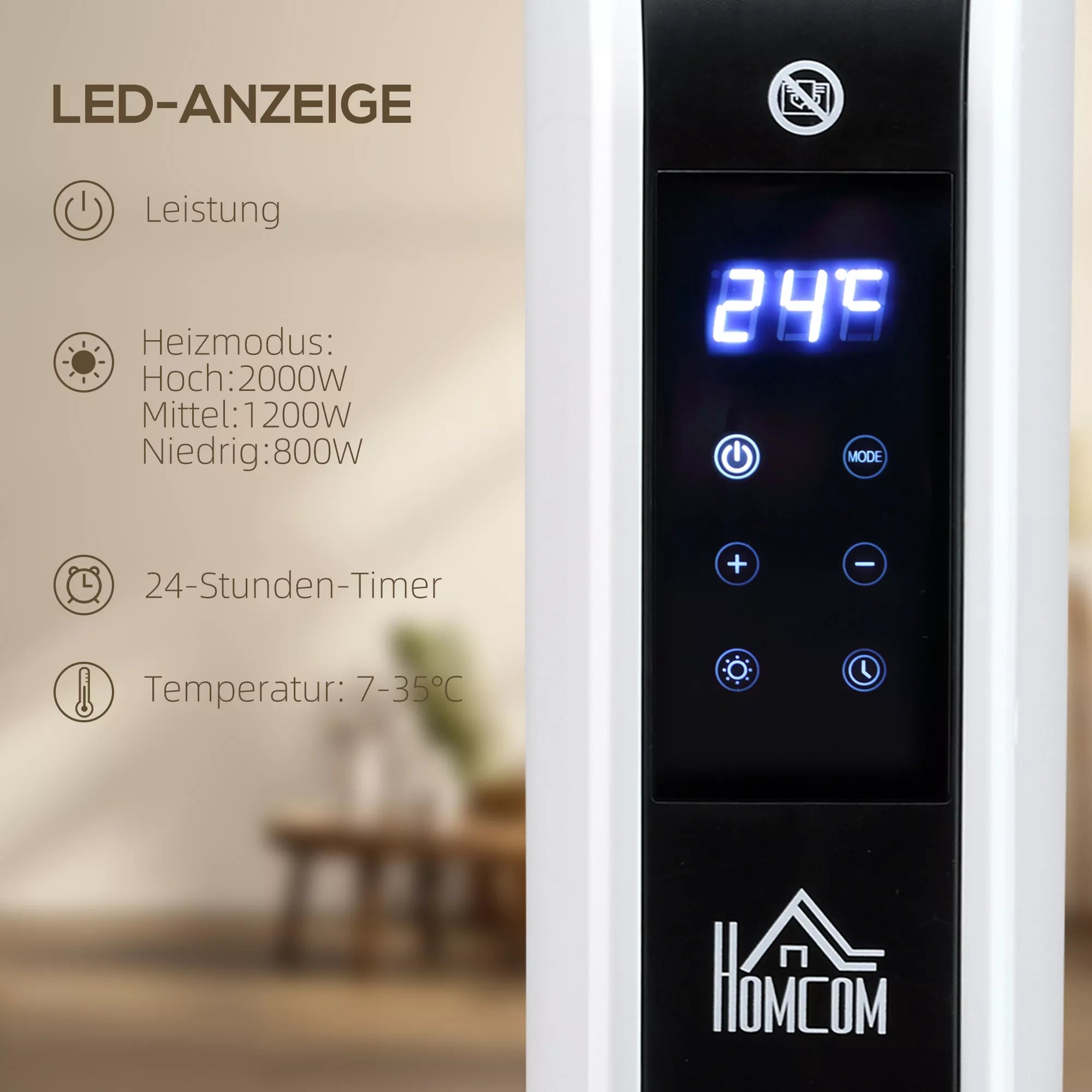 Elektrinis 2000W ventiliatorinis šildytuvas su 3 šildymo režimais, LED ekranu, 24 valandų laikmačiu ir reguliuojama temperatūra, skirtas 18 m² plotui.