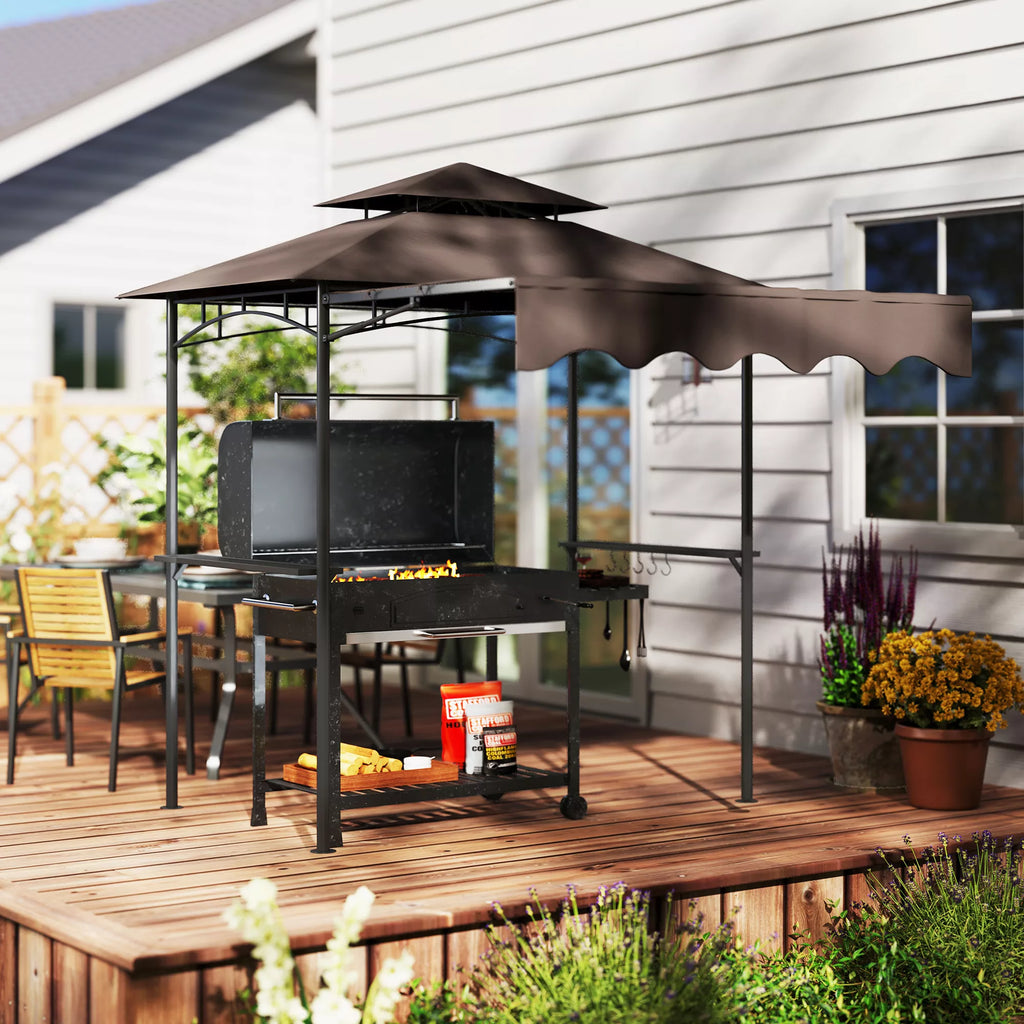 Grill paviljonas 242x149x248 cm, atsparus vandeniui, ugniai atsparus sodo paviljonas su dvigubu stogu, kavos spalvos