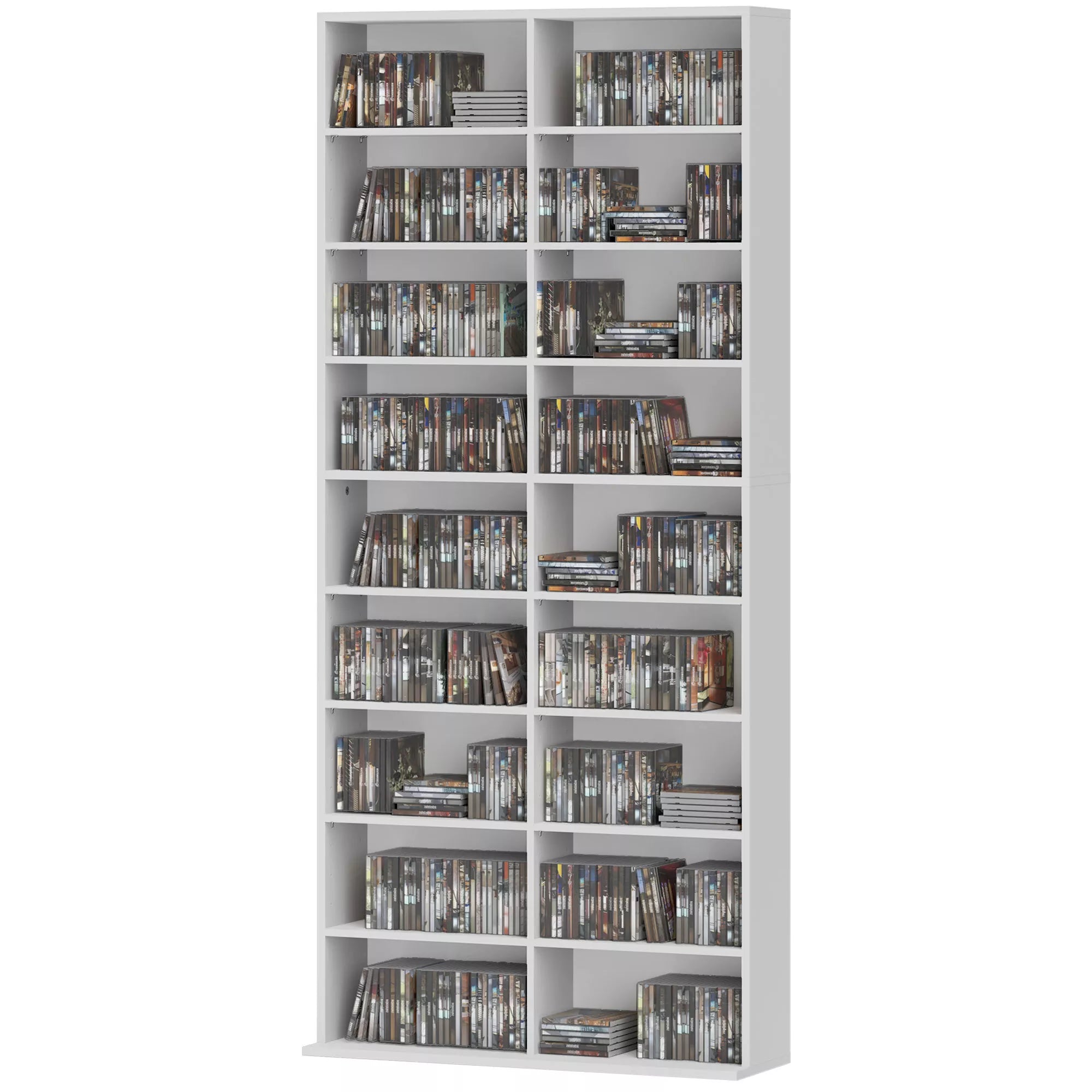 DVD lentynos, CD laikymo lentynos, 14 reguliuojamų lentynų, 18 skyrių, 175 cm, Blu-ray lentynos, medžio drožlių plokštė, balta