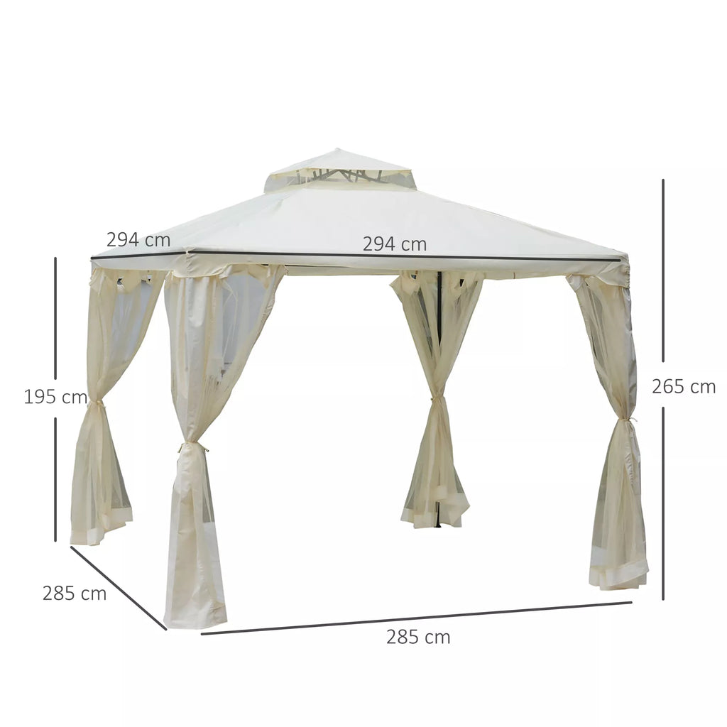 Paviljonas su dvigubu stogu, apie 3x3 m. Neperšlampamas, stabilus, atsparus žiemos sąlygoms sodo paviljonas su moskitine tinklele, šoninėmis dalimis, metalinis sodo paviljonas, skirtas sodui, terasai, kreminės baltos spalvos.