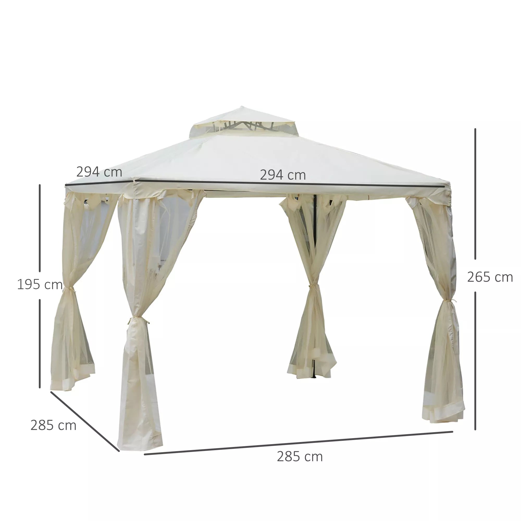 Paviljonas su dvigubu stogu, apie 3x3 m. Neperšlampamas, stabilus, atsparus žiemos sąlygoms sodo paviljonas su moskitine tinklele, šoninėmis dalimis, metalinis sodo paviljonas, skirtas sodui, terasai, kreminės baltos spalvos.