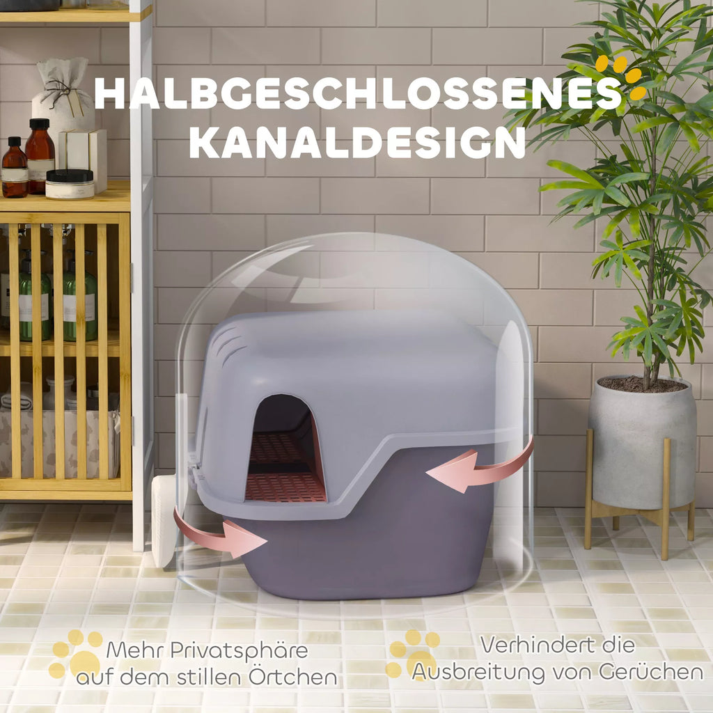 Informacinė grafika apie pusiau uždarą katės tualeto dizainą