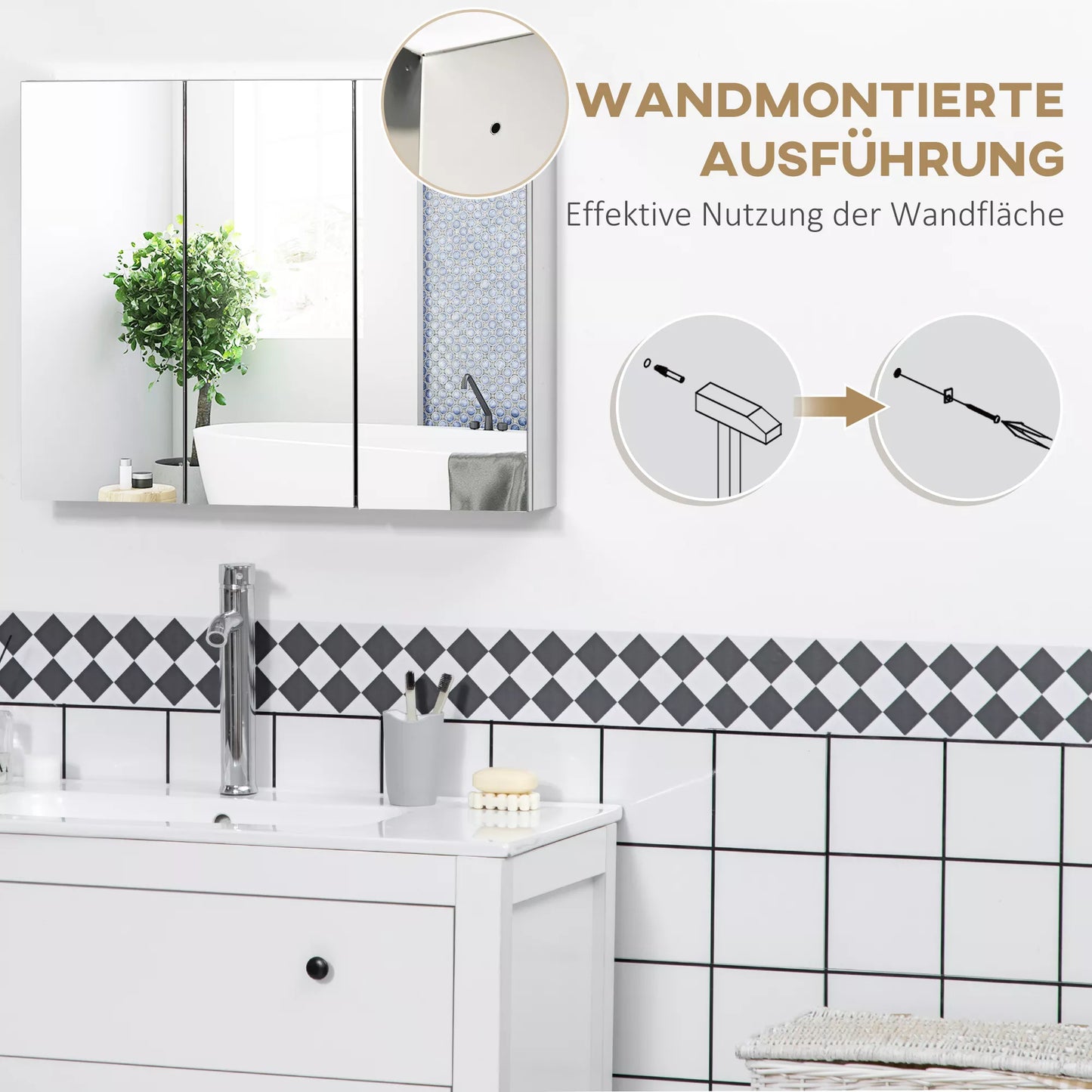 kleankin Vonios spintelė su veidrodžiu, 3 veidrodinės durys, 5 vidinės lentynos, nerūdijantis plienas, spalva: sidabrinė, 70 x 12 x 55 cm