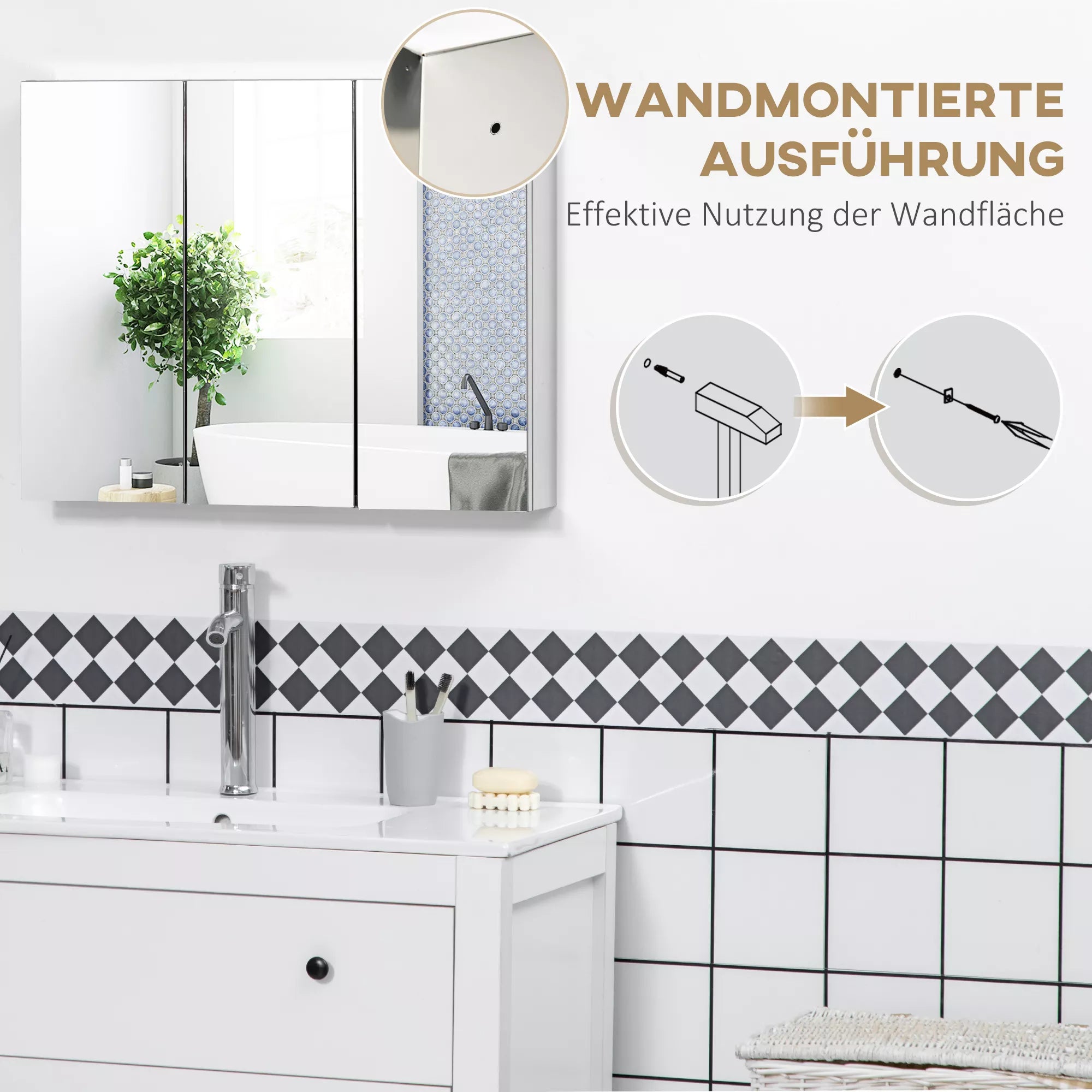 Veidrodinė vonios spintelė sumontuota ant sienos