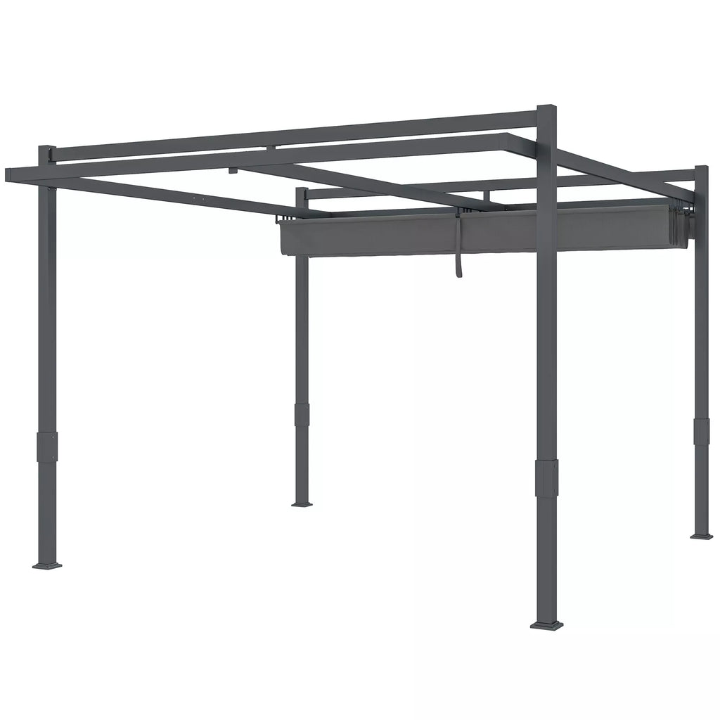 Pergola paviljonas, apie 3,5 x 3 m, aliuminis, stabilus, atsparus žiemos sąlygoms, saulės apsauga su reguliuojamu stumdomu stogu, pilkos spalvos