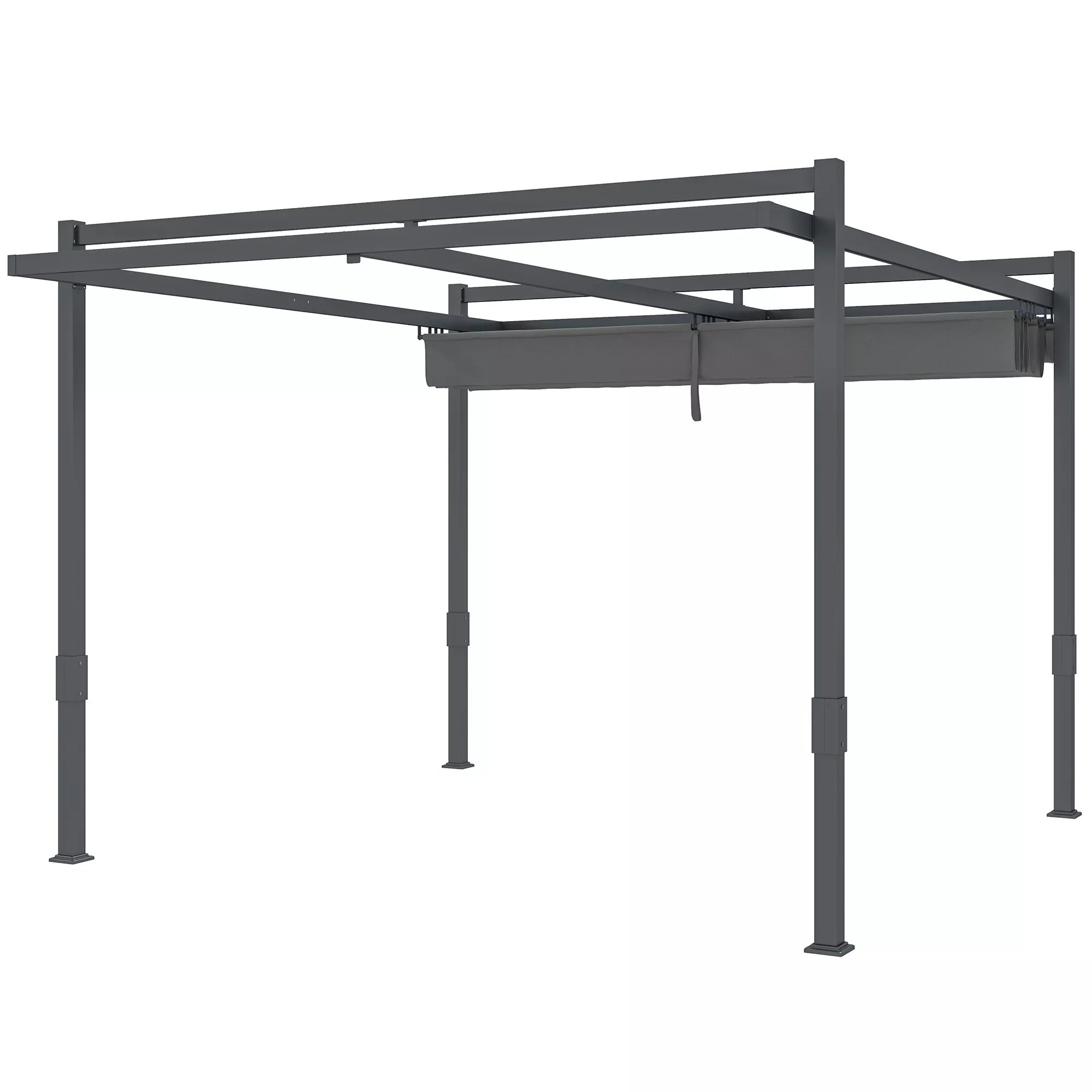 Pergola paviljonas, apie 3,5 x 3 m, aliuminis, stabilus, atsparus žiemos sąlygoms, saulės apsauga su reguliuojamu stumdomu stogu, pilkos spalvos