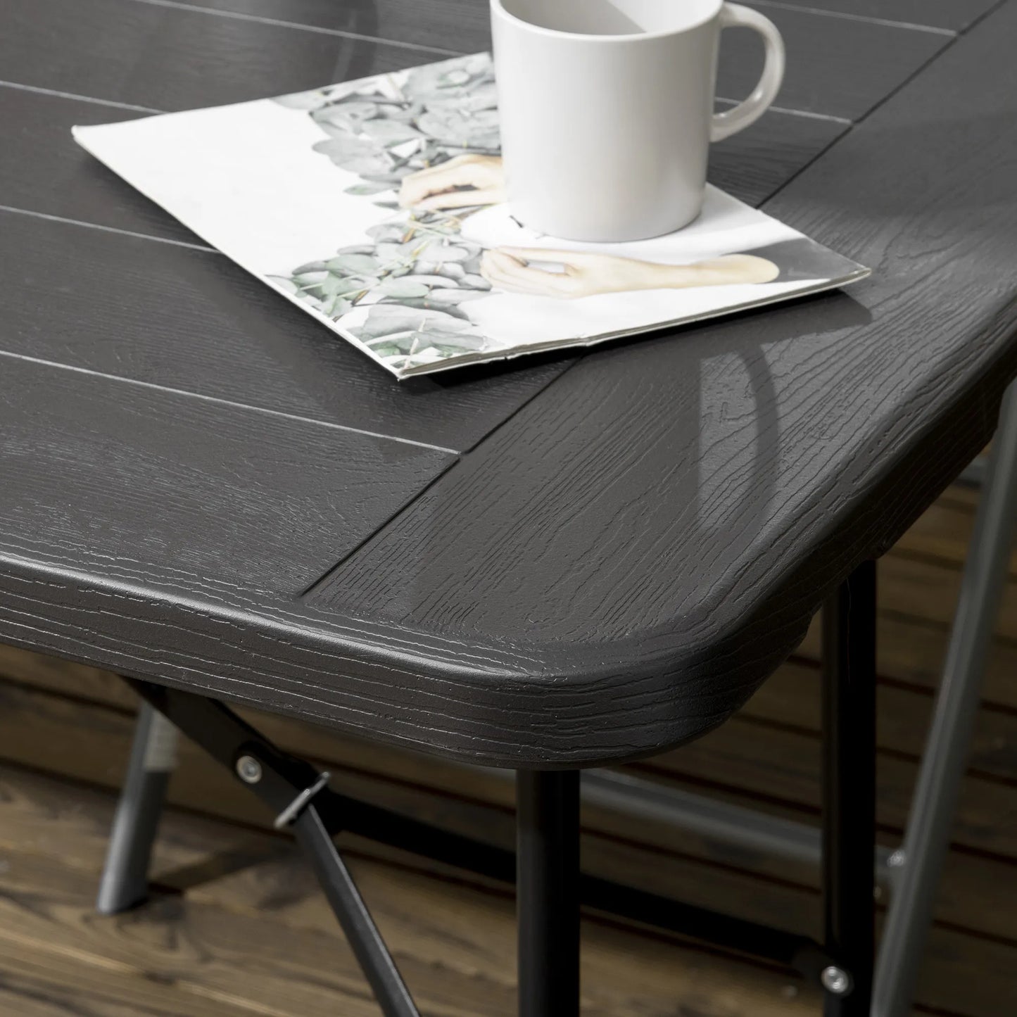 Lauko stalas, sodo stalas, 6 asmenims, sulankstomas, medžio imitacija, tamsiai pilkos spalvos, 180 x 75,5 x 73 cm