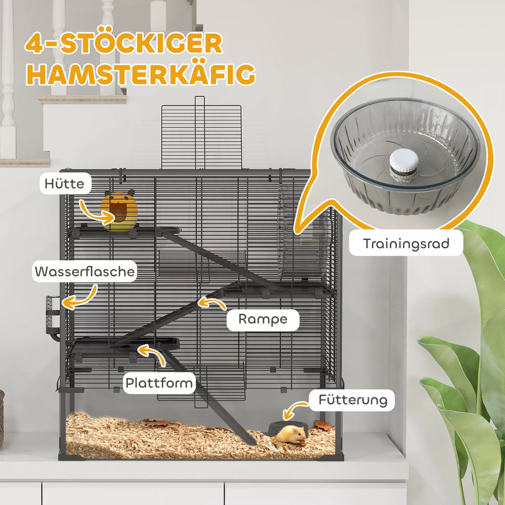 Hamsterio narvas su stikliniu dugnu, 4 pakopų žiurkėno voljeras su namelyje ir priedais, 78,5 ilgis x 48,5 plotis x 80 aukštis cm, juodas