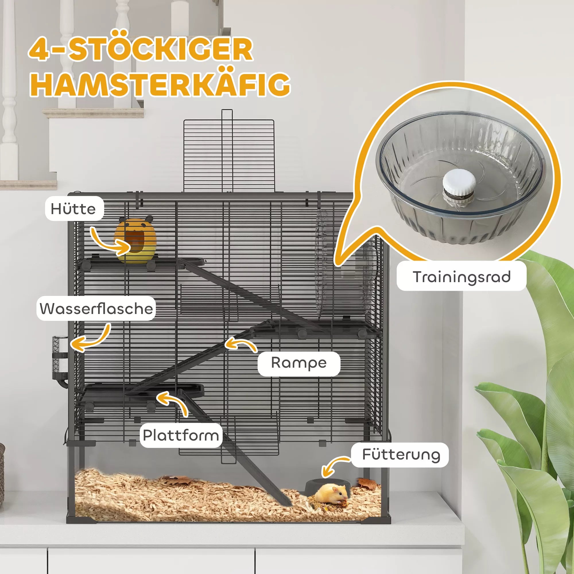 Hamsterio narvas su stikliniu dugnu, 4 pakopų žiurkėno voljeras su namelyje ir priedais, 78,5 ilgis x 48,5 plotis x 80 aukštis cm, juodas