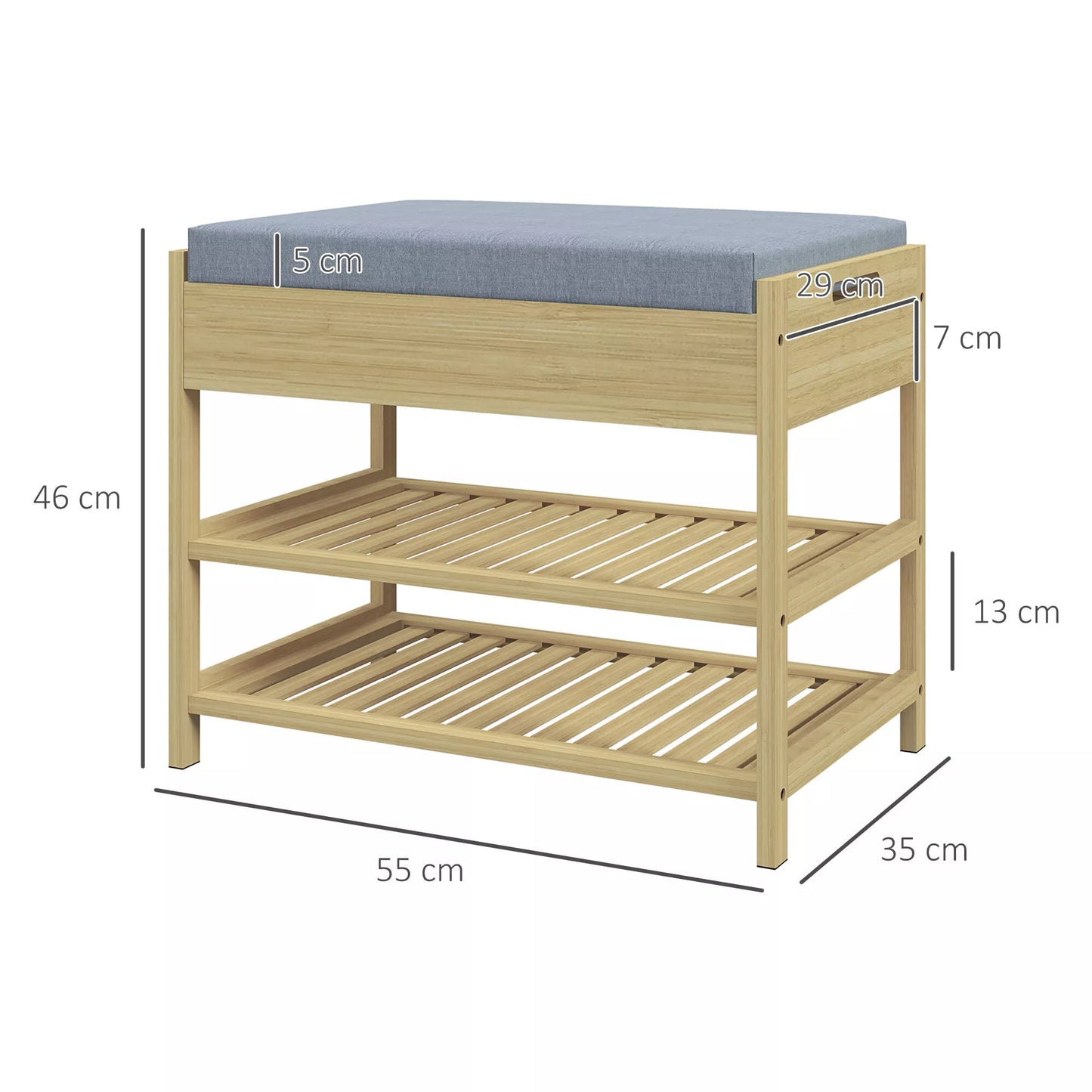 Batų suoliukas-lentyna, 2 lentynos, sėdimoji dalis, bambukas, 55 cm x 35 cm x 46 cm, pilka + natūrali