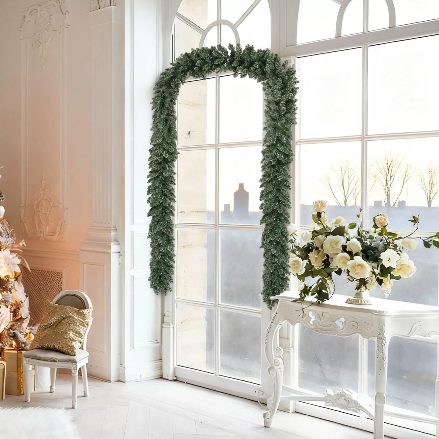 2,7 m dirbtinė Kalėdų girlianda, 216 šakelių eglutės girlianda dekoravimui, laiptams, židiniui, žalia