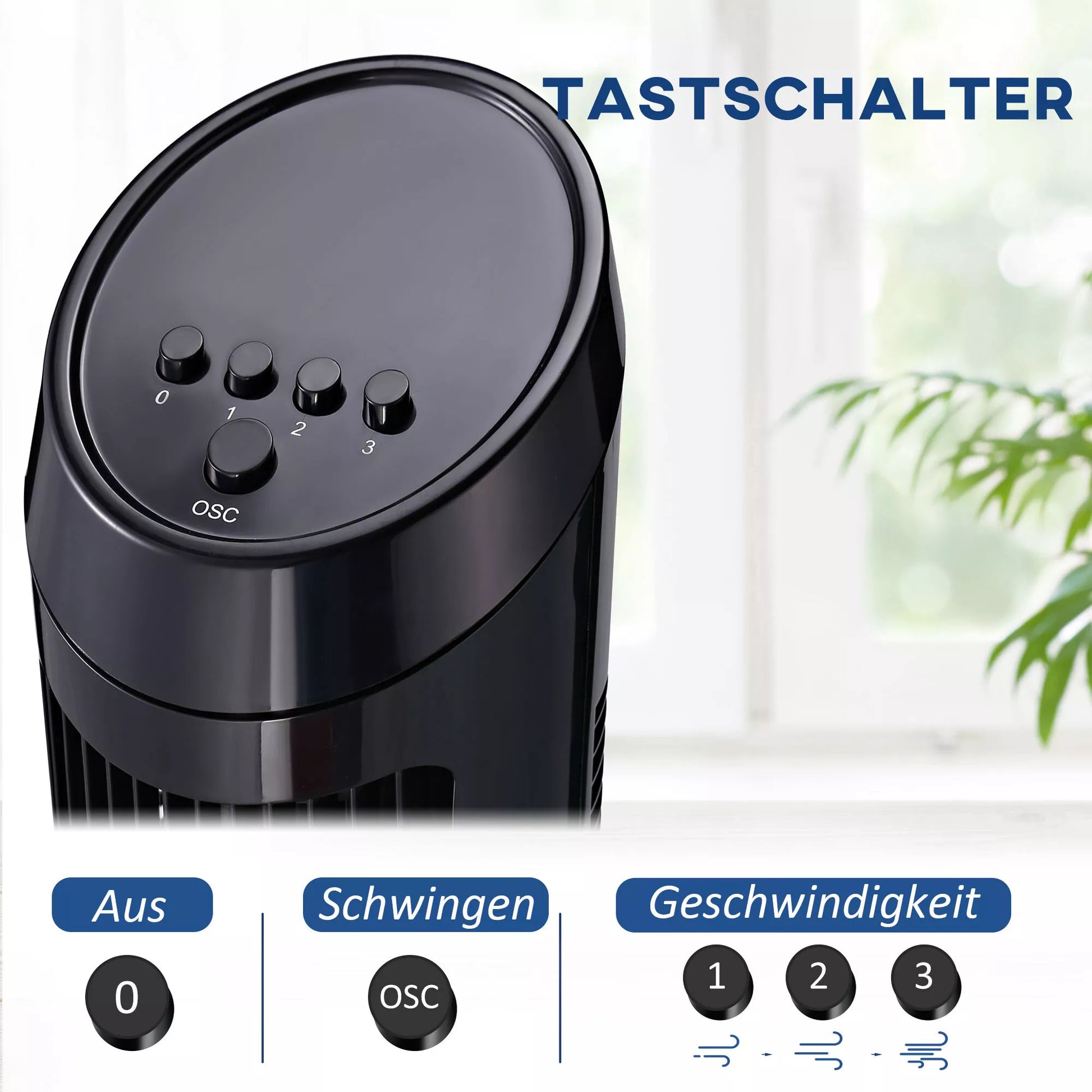 Stovinis ventiliatorius 45 W Bokštinis ventiliatorius Tylus ventiliatorius 3 ventiliacijos lygiai, 70° svyravimas, ABS, juodas, Ø27 x H75 cm