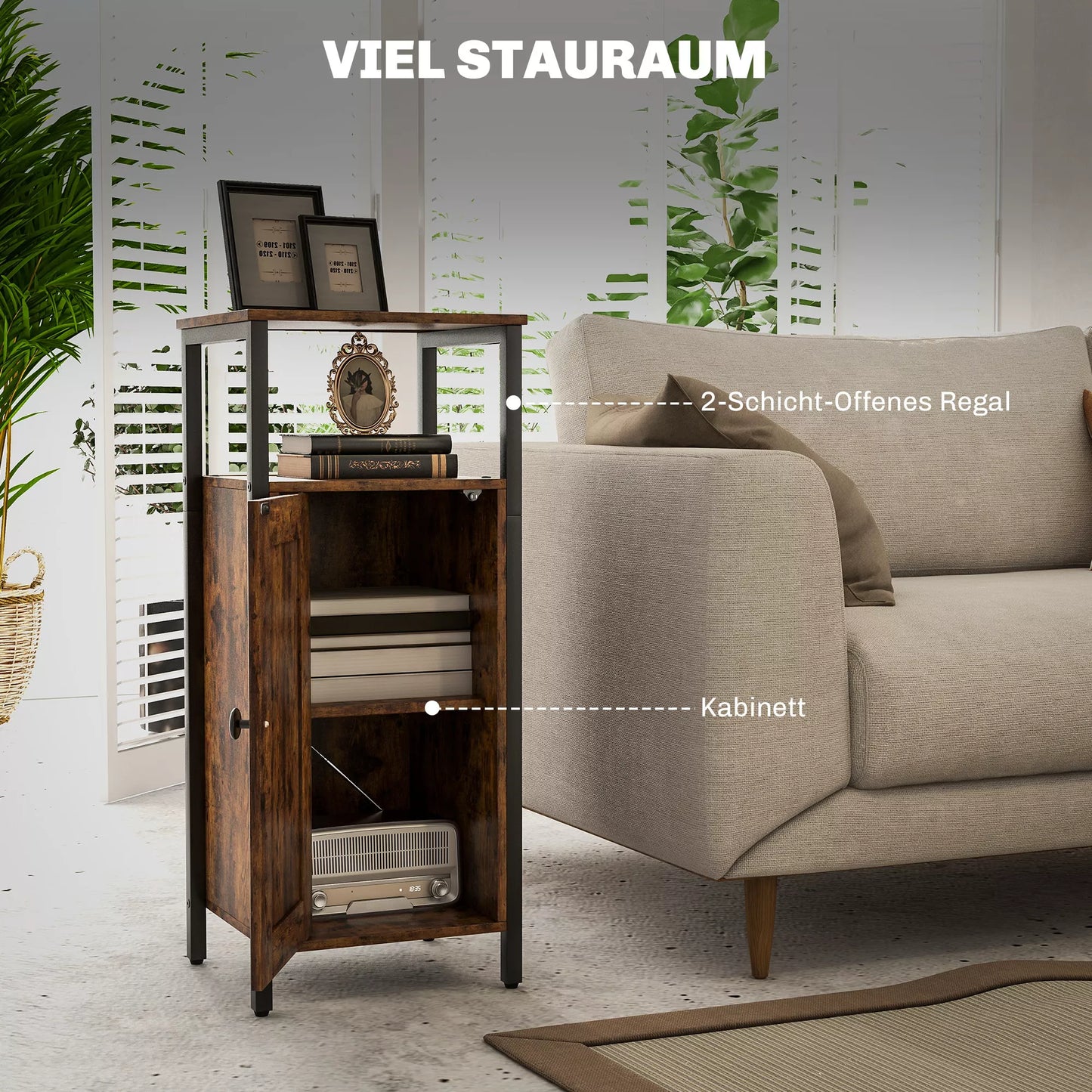 Šoninis staliukas su laikymo vieta, 2 atviros lentynos, 3 lygių reguliavimas, magnetinės durys, rudas