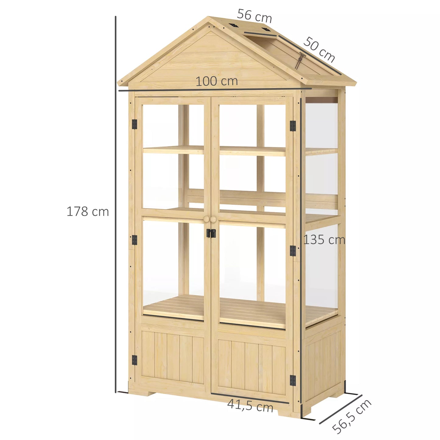 Šiltnamis su lentyna, stoglangiu, rakinamomis durimis, akrilas, medinis rėmas, 100 x 56,5 x 178 cm