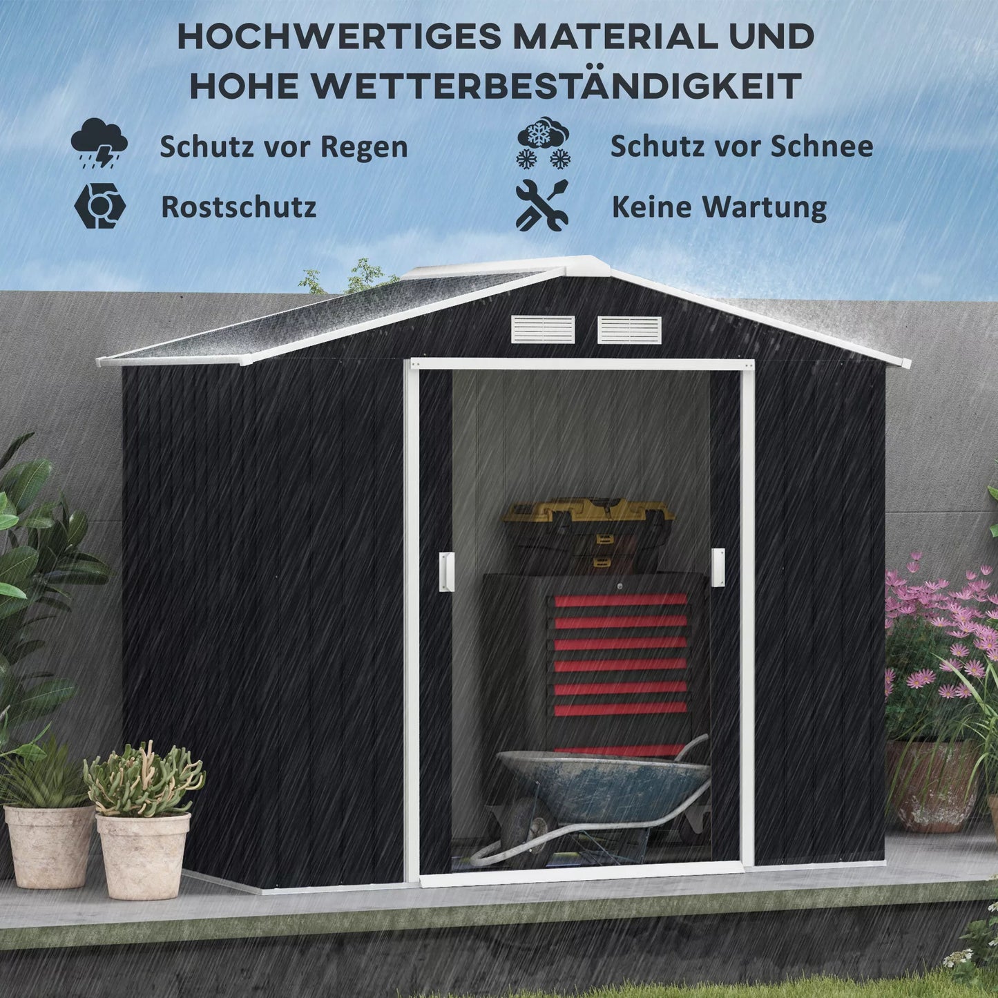 Sodo namelis su stumdomomis durimis 2,13 x 1,30 x 1,85cm, metalinis, anglies pilkumo