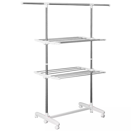 Ištraukiama bokštinė drabužių džiovykla su 3 lygiais, sulankstomais šonais, ratukais, skirta drabužiams džiovinti viduje ir lauke, balta, 83-136,5 x 45,5 x 154 cm