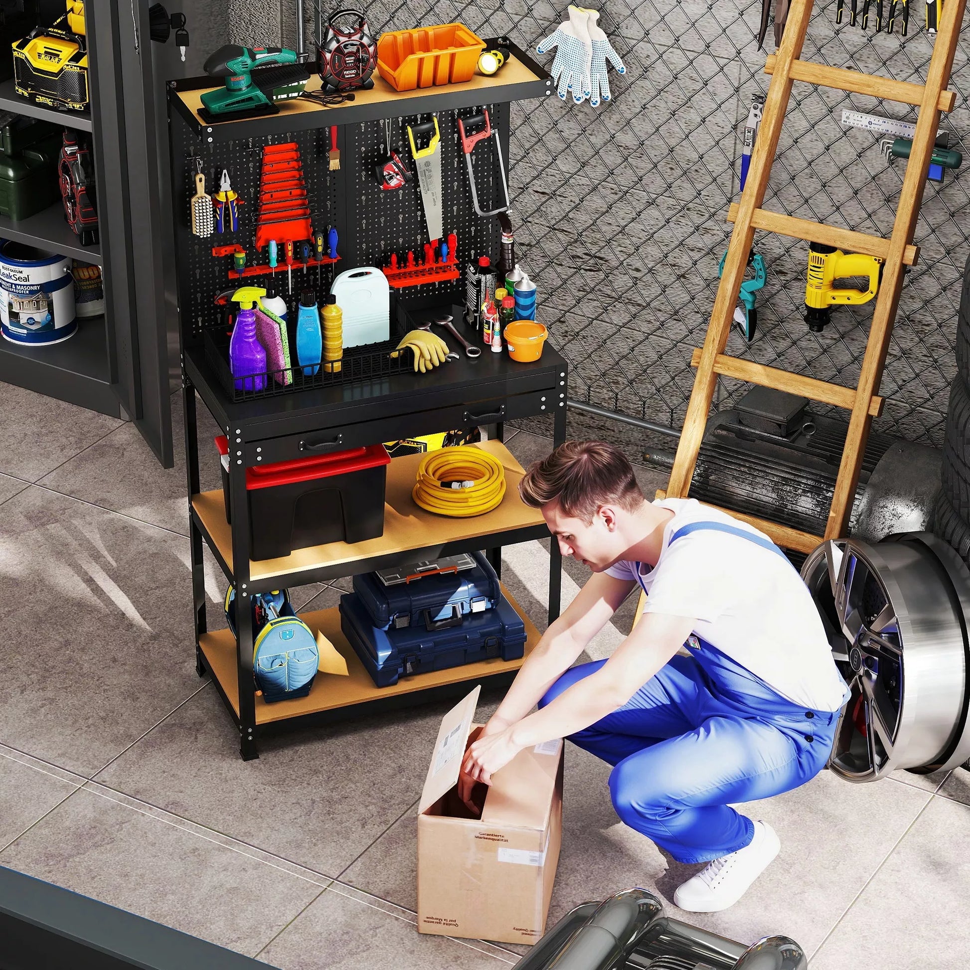 Darbo stalas 80 x 40,5 x 155 cm Įrankių stalas su skyluota siena, kabliais,  stalčiu, 2 lentynomis dirbtuvėms Juodas